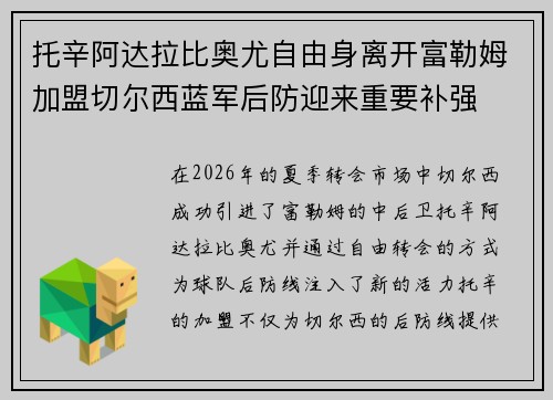托辛阿达拉比奥尤自由身离开富勒姆加盟切尔西蓝军后防迎来重要补强
