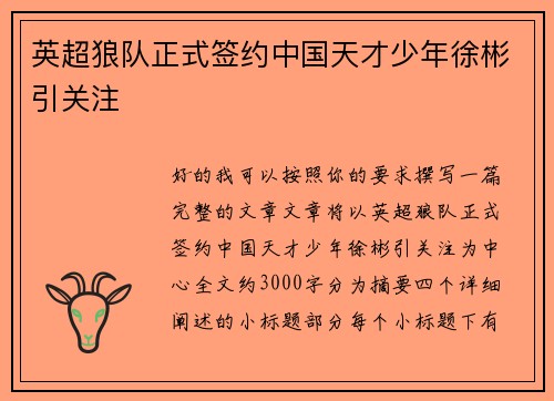 英超狼队正式签约中国天才少年徐彬引关注