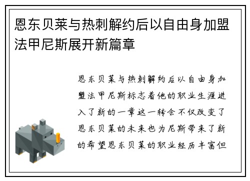 恩东贝莱与热刺解约后以自由身加盟法甲尼斯展开新篇章